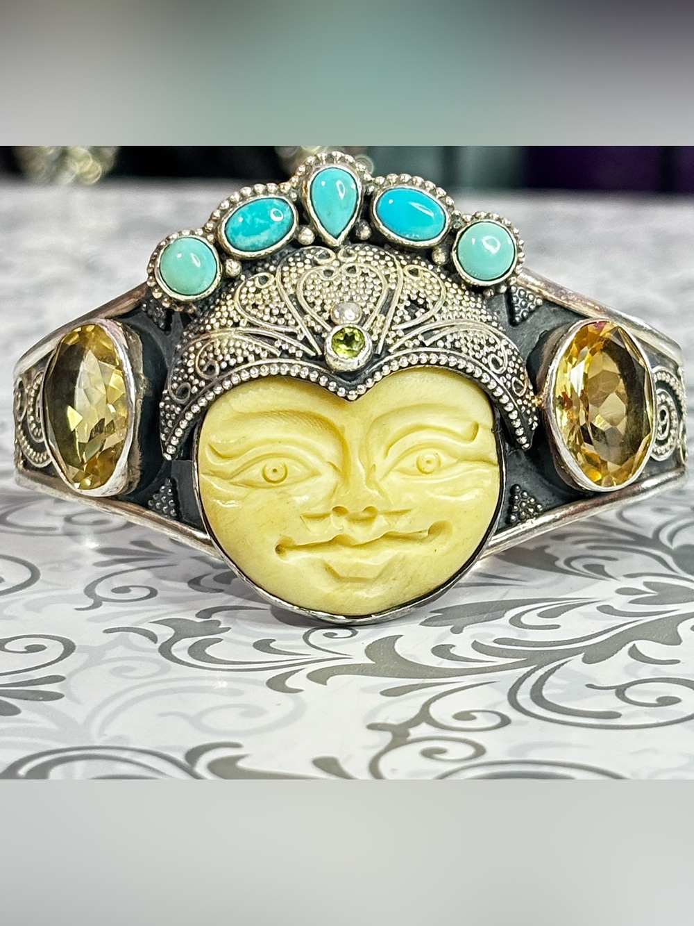 Sterling Carved Bone Moonface Cuff Bracelet with Turquoise and Citrine Accents